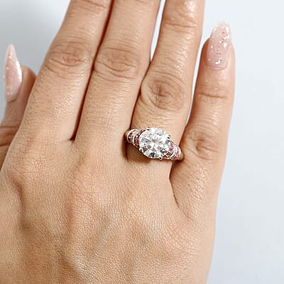 D'Joy Heart and Arrow Cut Moissanite and Pink Sapphire 3.90 ctw Moonlit Grace Ring in Rhodium Over Sterling Silver (Size 10.0)