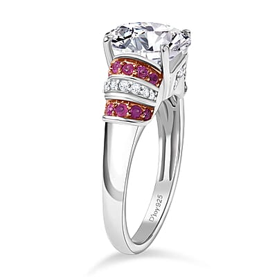 D'Joy Heart and Arrow Cut Moissanite and Pink Sapphire 3.90 ctw Moonlit Grace Ring in Rhodium Over Sterling Silver (Size 10.0)