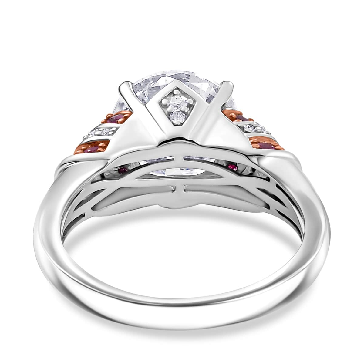 Heart and Arrow Cut Moissanite and Pink Sapphire 3.90 ctw Moonlit Grace Ring in Rhodium Over Sterling Silver (Size 10.0) image number 4