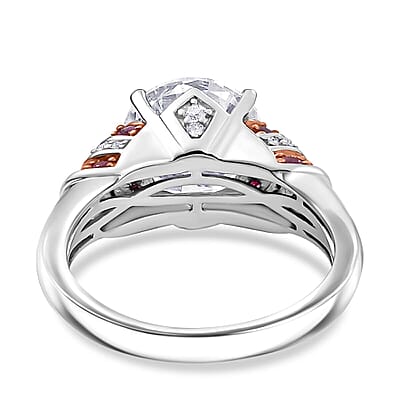 D'Joy Heart and Arrow Cut Moissanite and Pink Sapphire 3.90 ctw Moonlit Grace Ring in Rhodium Over Sterling Silver (Size 10.0)