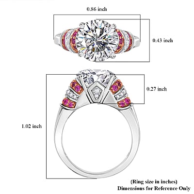 D'Joy Heart and Arrow Cut Moissanite and Pink Sapphire 3.90 ctw Moonlit Grace Ring in Rhodium Over Sterling Silver (Size 10.0)