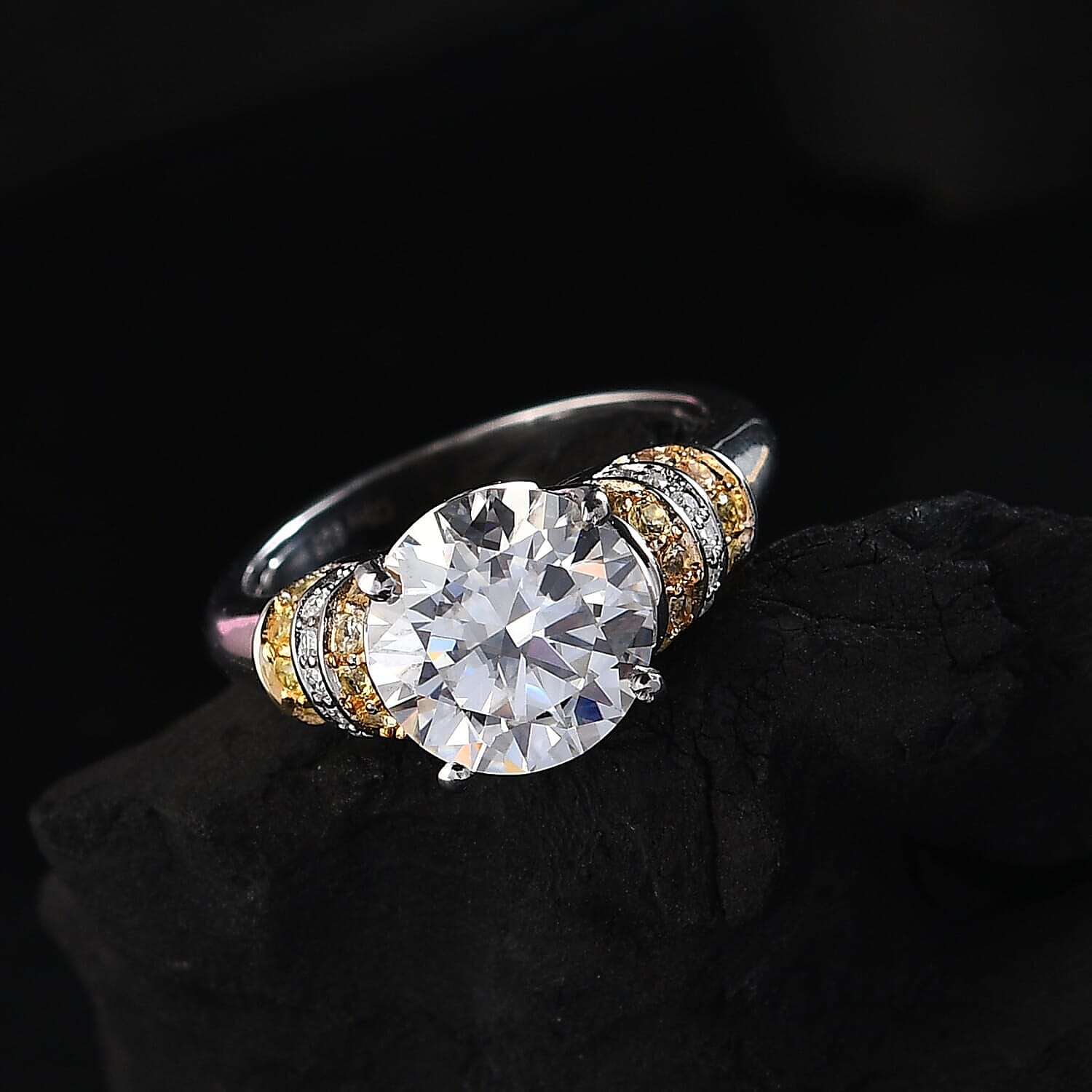 TLV Heart and Arrow Cut Moissanite, Yellow Sapphire Ring in Rhodium Over Sterling Silver (Size 12.0) 3.90 ctw