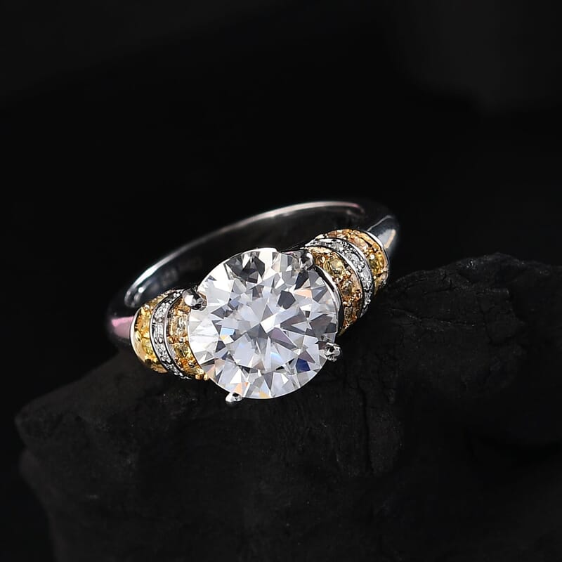 TLV Heart and Arrow Cut Moissanite, Yellow Sapphire Ring in Rhodium Over Sterling Silver (Size 12.0) 3.90 ctw