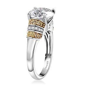 D'Joy Heart and Arrow Cut Moissanite and Yellow Sapphire 3.90 ctw Moonlit Grace Ring in Rhodium Over Sterling Silver (Size 8.0)