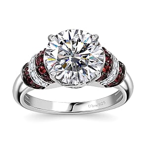 Heart and Arrow Cut Moissanite and Red Sapphire 3.90 ctw Moonlit Grace Ring in Rhodium Over Sterling Silver (Size 10.0)