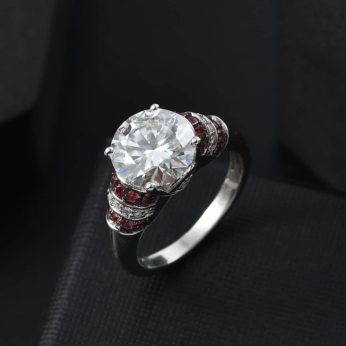 Heart and Arrow Cut Moissanite and Red Sapphire 3.90 ctw Moonlit Grace Ring in Rhodium Over Sterling Silver (Size 10.0) image number 1