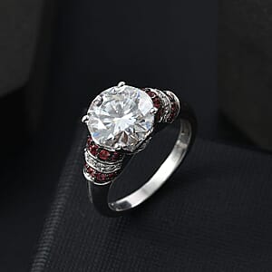 D'Joy Heart and Arrow Cut Moissanite and Red Sapphire 3.90 ctw Moonlit Grace Ring in Rhodium Over Sterling Silver (Size 10.0)