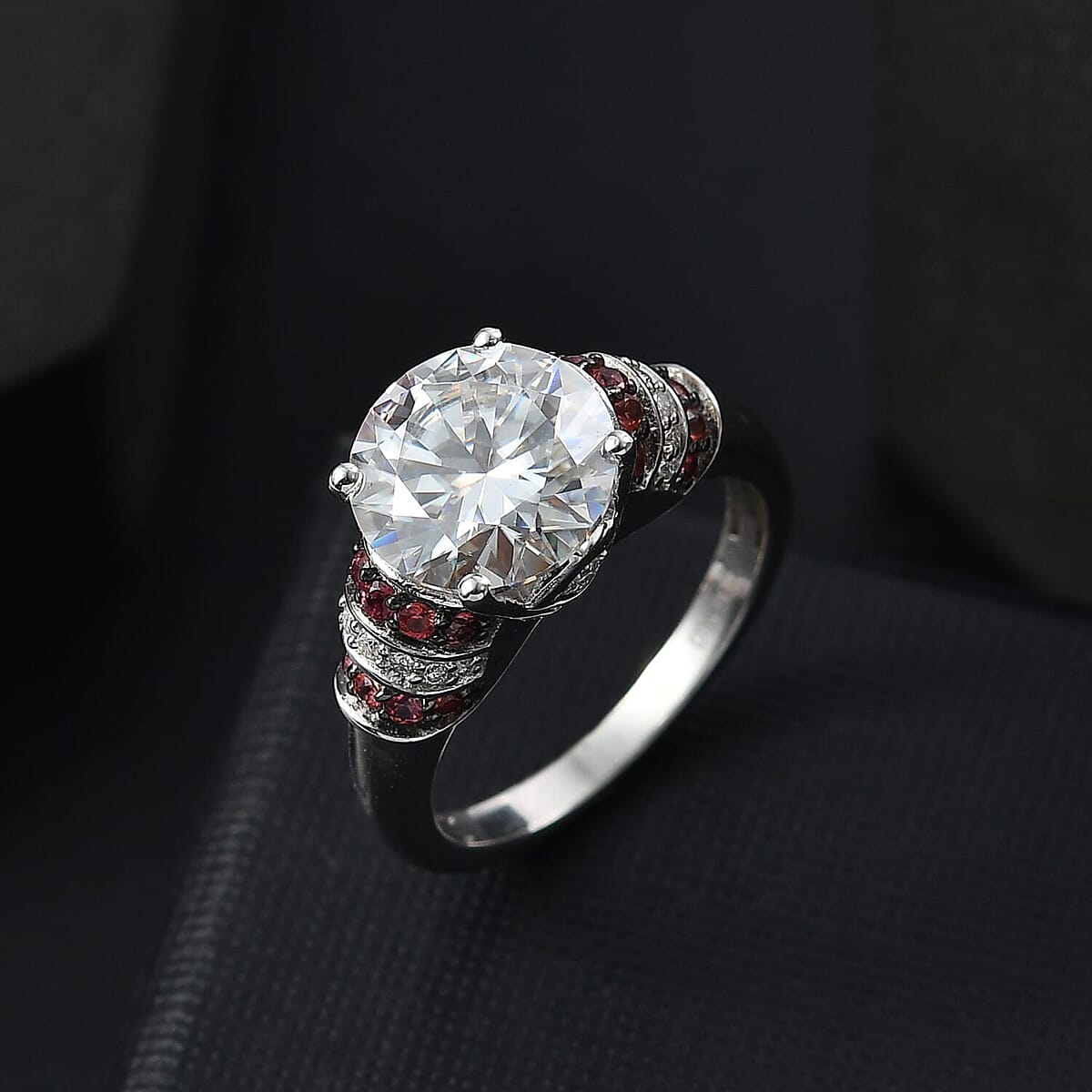 TLV Heart and Arrow Cut Moissanite, Red Sapphire Ring in Rhodium Over Sterling Silver (Size 11.0) 3.90 ctw image number 1