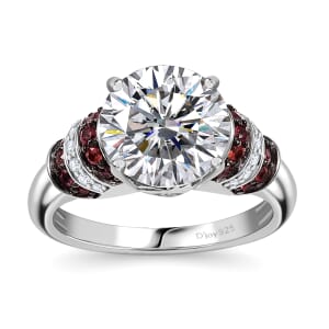 Heart and Arrow Cut Moissanite and Red Sapphire 3.90 ctw Moonlit Grace Ring in Rhodium Over Sterling Silver (Size 6.0)
