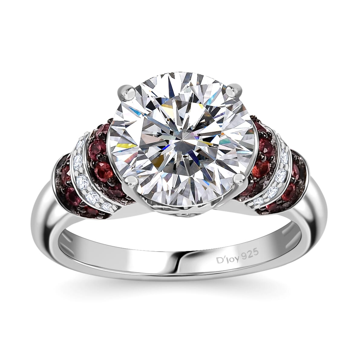 Heart and Arrow Cut Moissanite and Red Sapphire 3.90 ctw Moonlit Grace Ring in Rhodium Over Sterling Silver (Size 7.0) image number 0