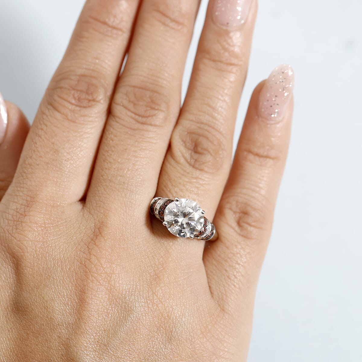 Heart and Arrow Cut Moissanite and Red Sapphire 3.90 ctw Moonlit Grace Ring in Rhodium Over Sterling Silver (Size 7.0) image number 2