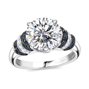 Heart and Arrow Cut Moissanite and Blue Sapphire 4.00 ctw Moonlit Grace Ring in Rhodium Over Sterling Silver (Size 10.0)