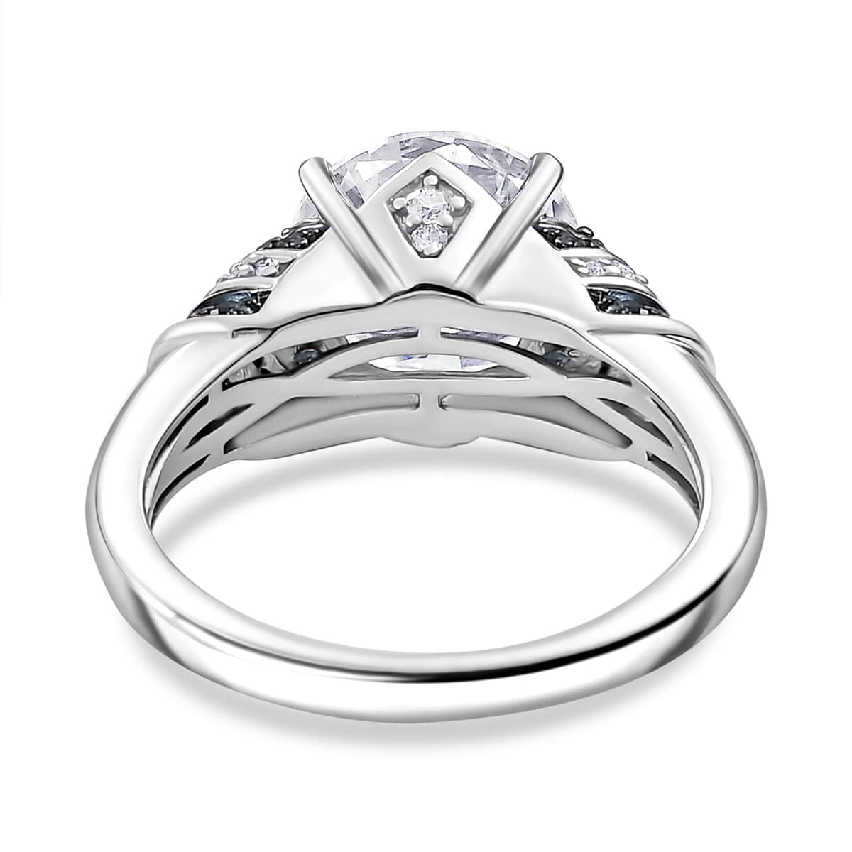 Heart and Arrow Cut Moissanite and Blue Sapphire 4.00 ctw Moonlit Grace Ring in Rhodium Over Sterling Silver (Size 10.0) image number 4