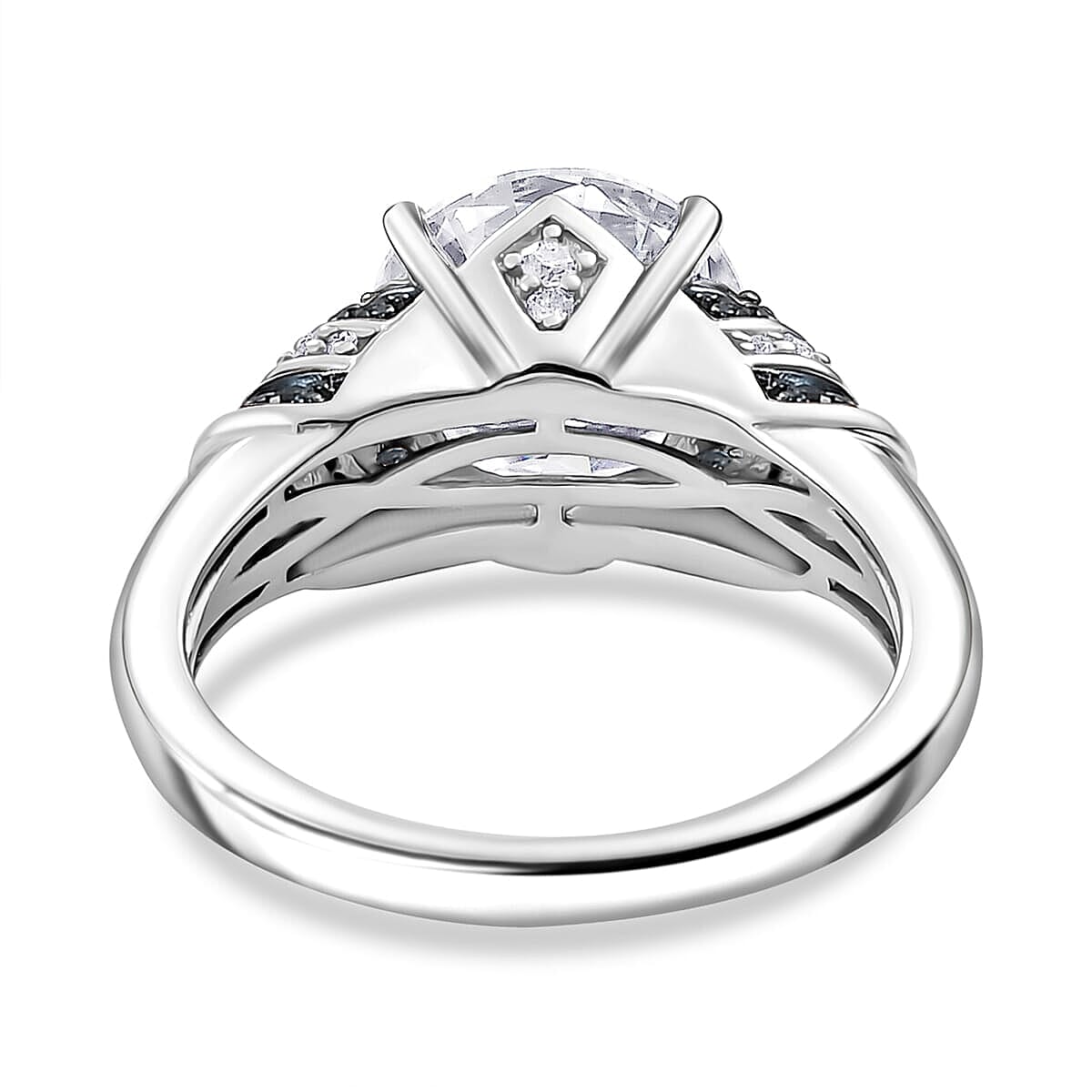 TLV Heart and Arrow Cut Moissanite (Rnd 10mm), Blue Sapphire Ring in Rhodium Over Sterling Silver (Size 11.0) 4.00 ctw image number 4