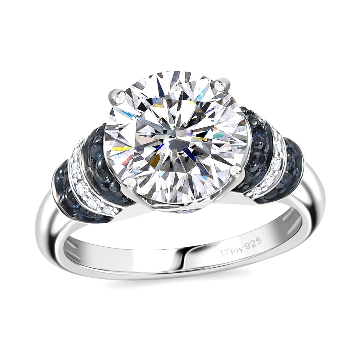 Heart and Arrow Cut Moissanite and Blue Sapphire 4.00 ctw Moonlit Grace Ring in Rhodium Over Sterling Silver (Size 6.0) image number 0