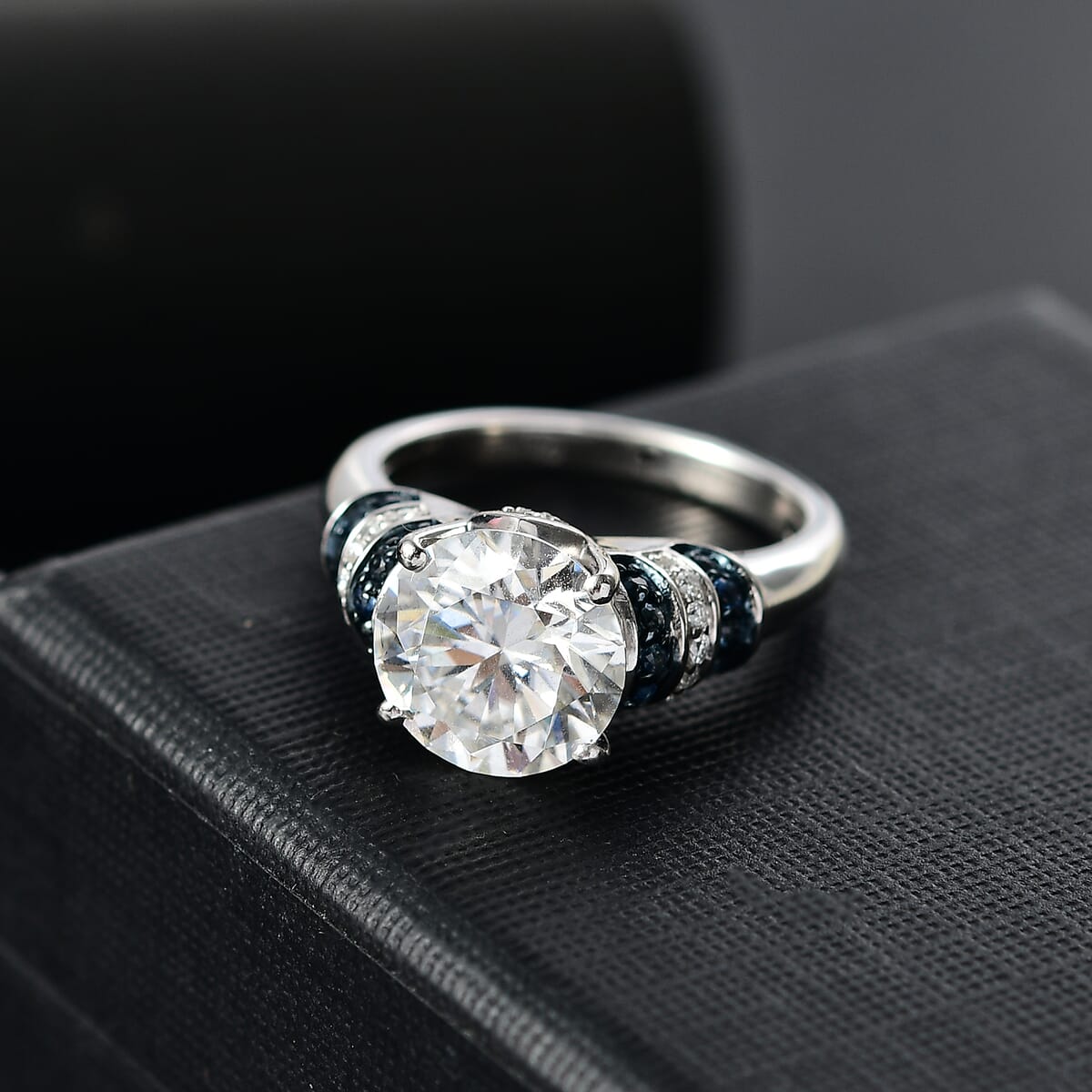 Heart and Arrow Cut Moissanite and Blue Sapphire 4.00 ctw Moonlit Grace Ring in Rhodium Over Sterling Silver (Size 6.0) image number 1