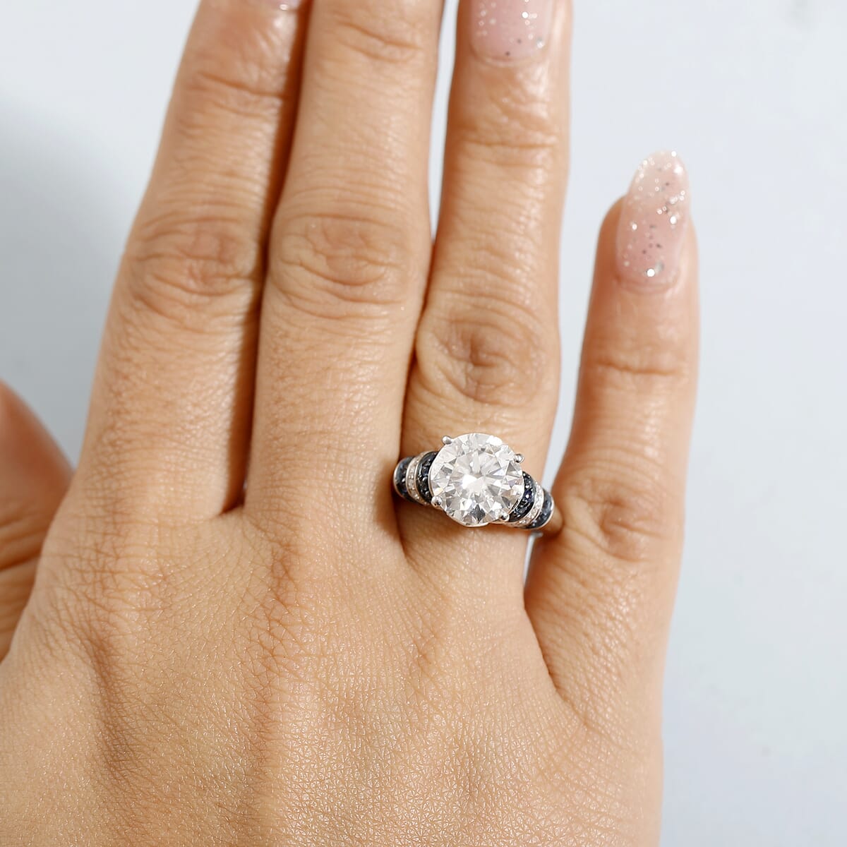 Heart and Arrow Cut Moissanite and Blue Sapphire 4.00 ctw Moonlit Grace Ring in Rhodium Over Sterling Silver (Size 6.0) image number 2
