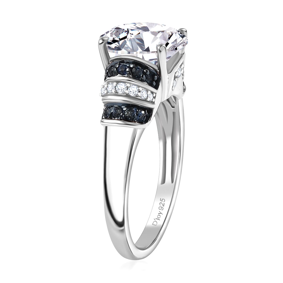 Heart and Arrow Cut Moissanite and Blue Sapphire 4.00 ctw Moonlit Grace Ring in Rhodium Over Sterling Silver (Size 6.0) image number 3
