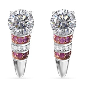 Heart and Arrow Cut Moissanite and Pink Sapphire 3.00 ctw Moonlit Grace Earrings in Rhodium Over Sterling Silver
