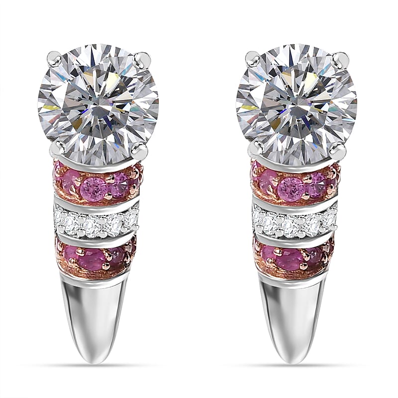 D'Joy Heart and Arrow Cut Moissanite and Pink Sapphire 3.00 ctw Moonlit Grace Earrings in Rhodium Over Sterling Silver