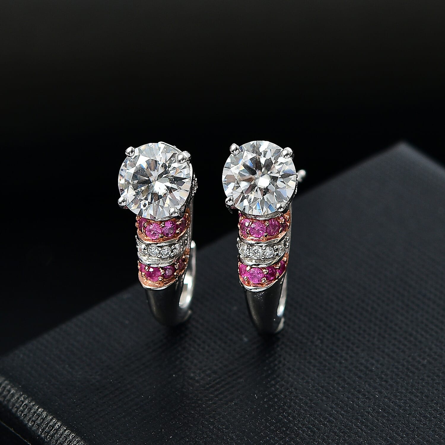 D'Joy Heart and Arrow Cut Moissanite and Pink Sapphire 3.00 ctw Moonlit Grace Earrings in Rhodium Over Sterling Silver