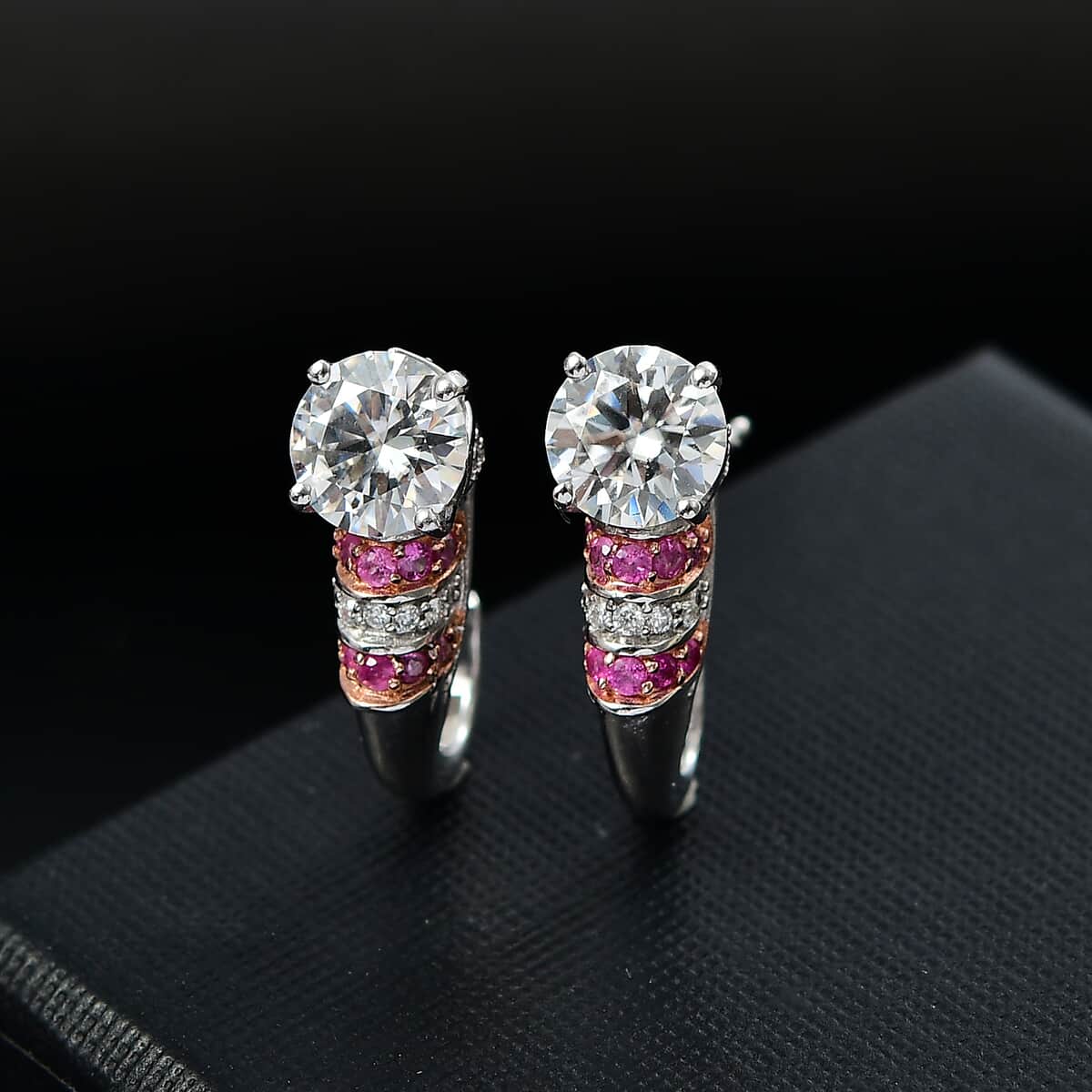 Heart and Arrow Cut Moissanite and Pink Sapphire 3.00 ctw Moonlit Grace Earrings in Rhodium Over Sterling Silver image number 1