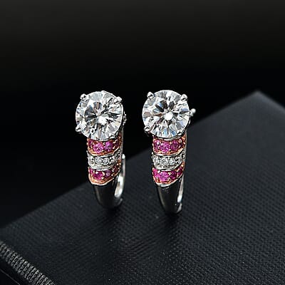 D'Joy Heart and Arrow Cut Moissanite and Pink Sapphire 3.00 ctw Moonlit Grace Earrings in Rhodium Over Sterling Silver