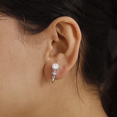 D'Joy Heart and Arrow Cut Moissanite and Pink Sapphire 3.00 ctw Moonlit Grace Earrings in Rhodium Over Sterling Silver