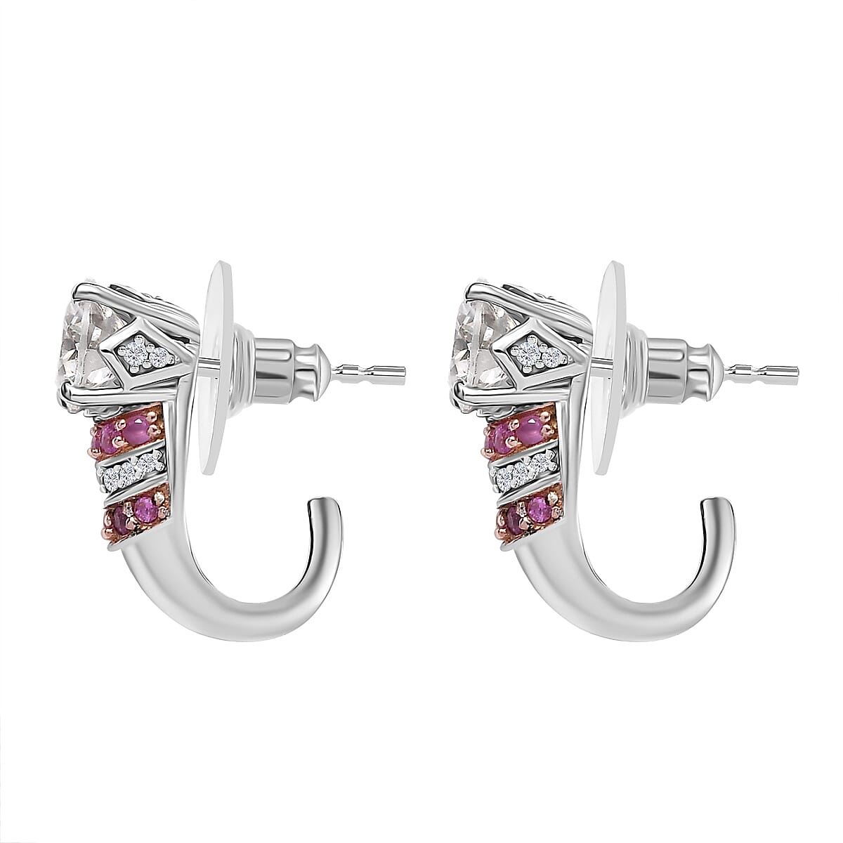 D'Joy Heart and Arrow Cut Moissanite and Pink Sapphire 3.00 ctw Moonlit Grace Earrings in Rhodium Over Sterling Silver