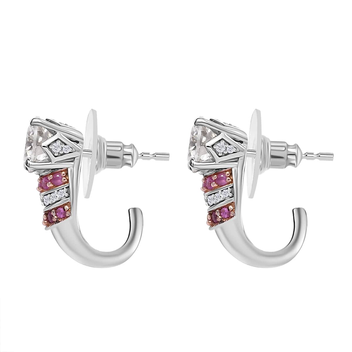 Heart and Arrow Cut Moissanite and Pink Sapphire 3.00 ctw Moonlit Grace Earrings in Rhodium Over Sterling Silver image number 3