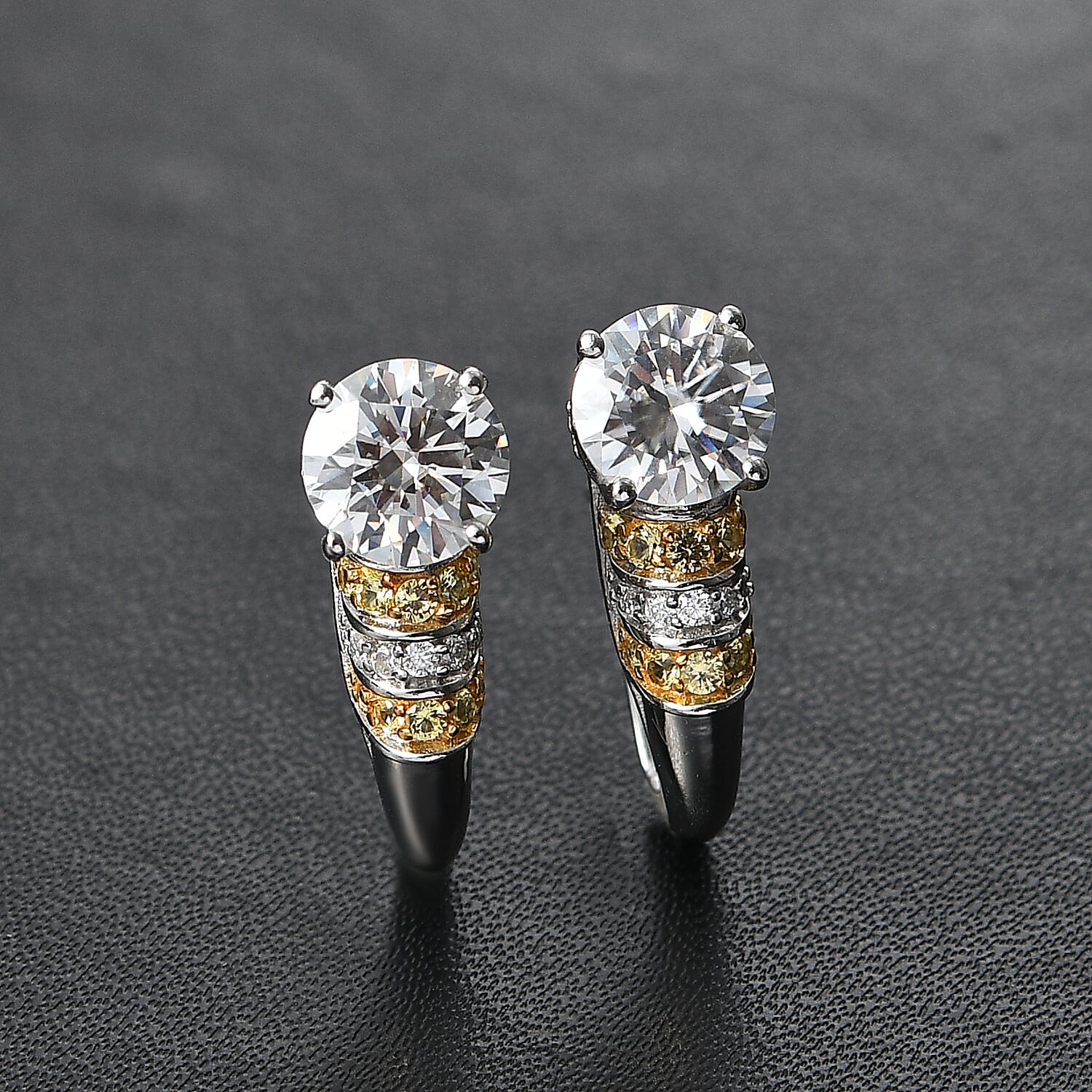 D'Joy Heart and Arrow Cut Moissanite and Yellow Sapphire 3.00 ctw Moonlit Grace Earrings in Rhodium Over Sterling Silver