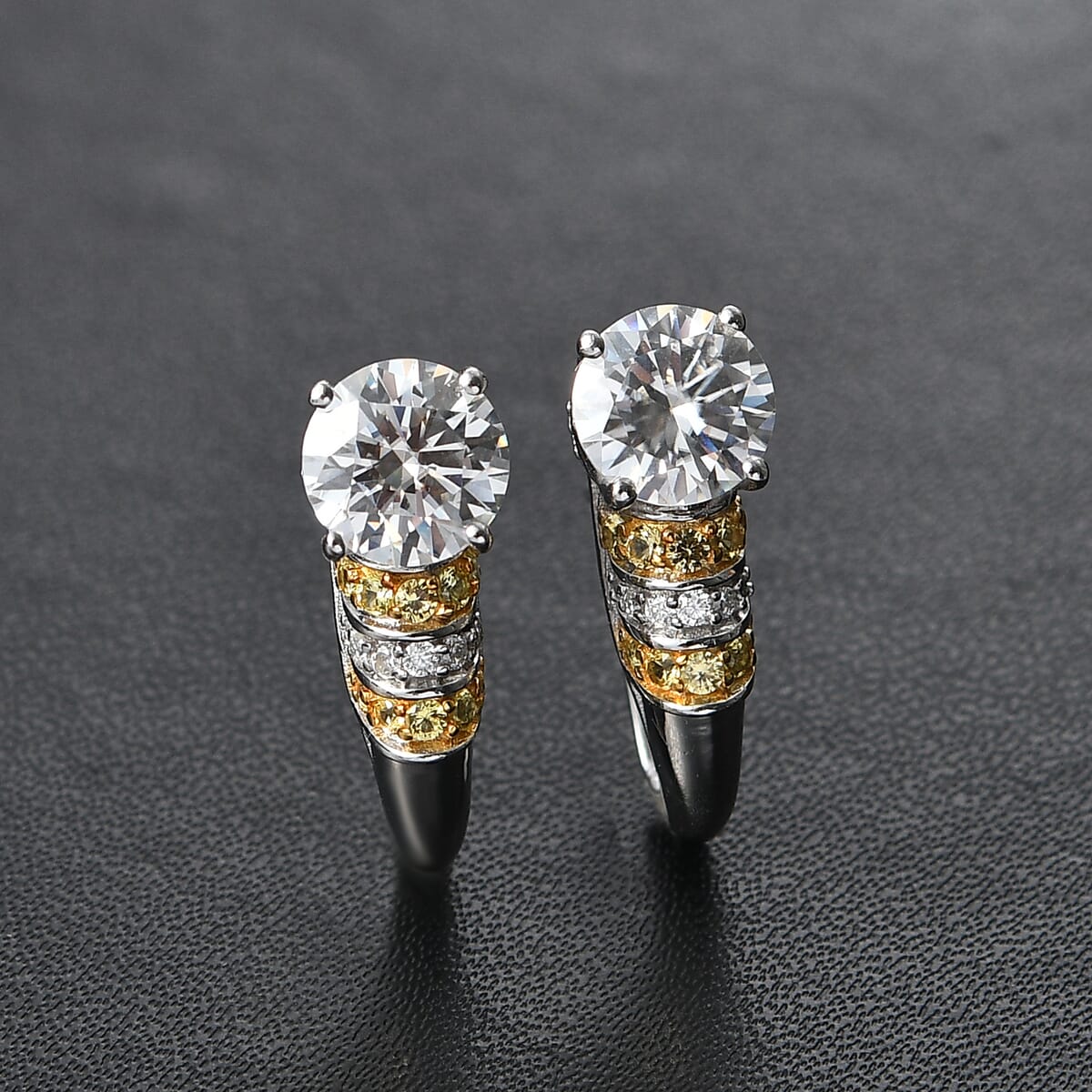 Heart and Arrow Cut Moissanite and Yellow Sapphire 3.00 ctw Moonlit Grace Earrings in Rhodium Over Sterling Silver image number 1