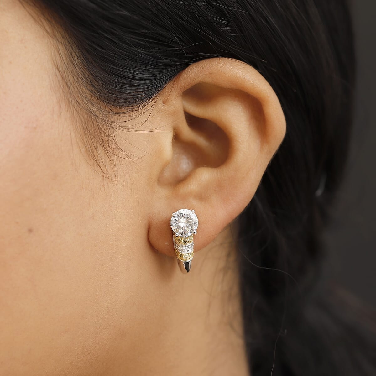Heart and Arrow Cut Moissanite and Yellow Sapphire 3.00 ctw Moonlit Grace Earrings in Rhodium Over Sterling Silver image number 2