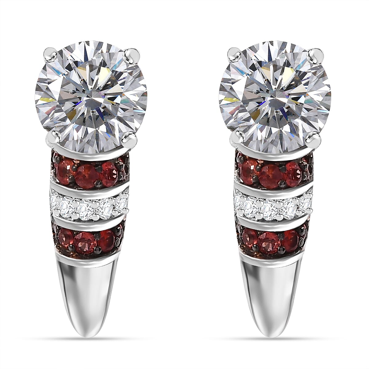 D'Joy Heart and Arrow Cut Moissanite and Red Sapphire 2.90 ctw Moonlit Grace Earrings in Rhodium Over Sterling Silver image number 0