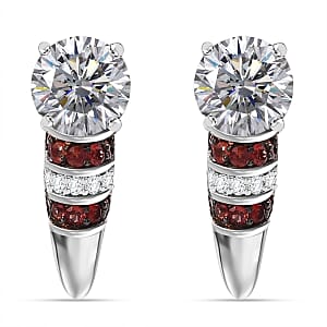 D'Joy Heart and Arrow Cut Moissanite and Red Sapphire 2.90 ctw Moonlit Grace Earrings in Rhodium Over Sterling Silver