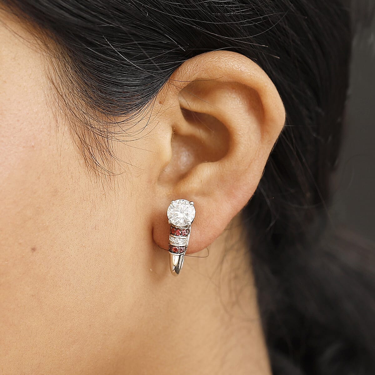 D'Joy Heart and Arrow Cut Moissanite and Red Sapphire 2.90 ctw Moonlit Grace Earrings in Rhodium Over Sterling Silver image number 2