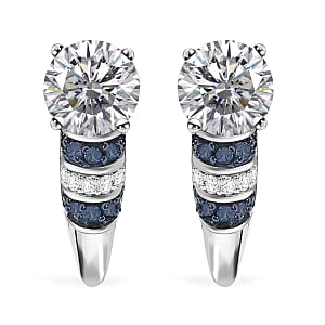 D'Joy Heart and Arrow Cut Moissanite and Blue Sapphire 2.90 ctw Moonlit Grace Earrings in Rhodium Over Sterling Silver