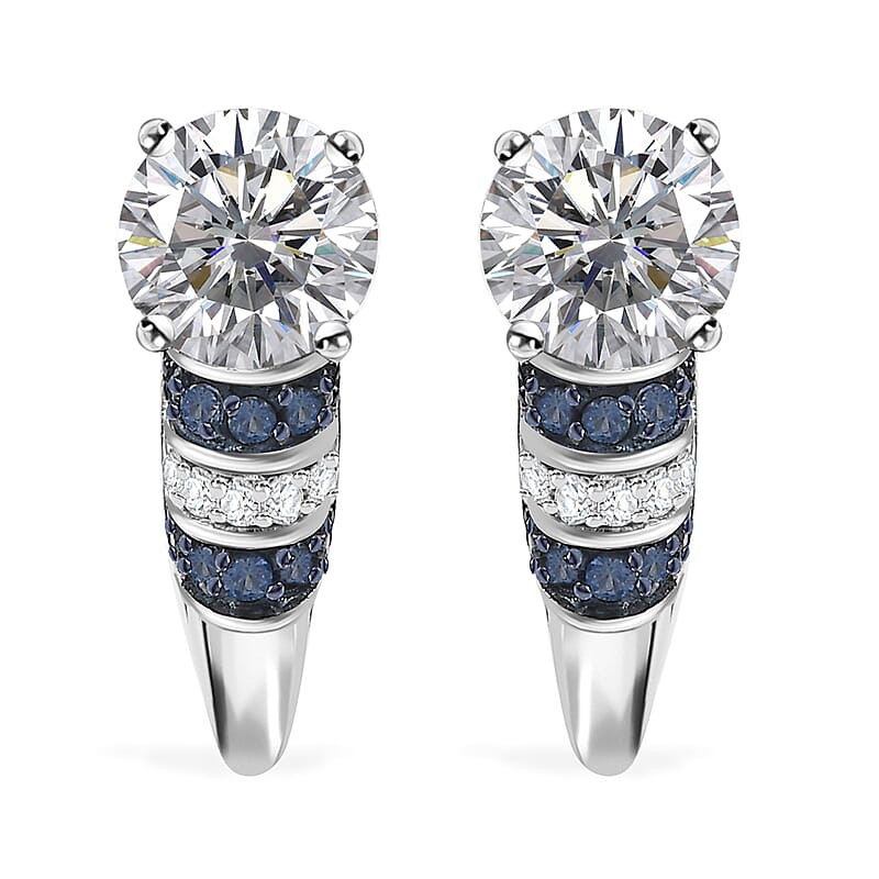 D'Joy Heart and Arrow Cut Moissanite and Blue Sapphire 2.90 ctw Moonlit Grace Earrings in Rhodium Over Sterling Silver