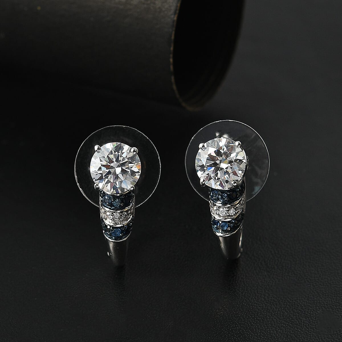 D'Joy Heart and Arrow Cut Moissanite and Blue Sapphire 2.90 ctw Moonlit Grace Earrings in Rhodium Over Sterling Silver image number 1