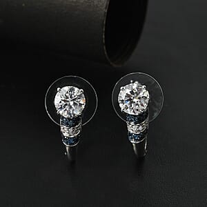 D'Joy Heart and Arrow Cut Moissanite and Blue Sapphire 2.90 ctw Moonlit Grace Earrings in Rhodium Over Sterling Silver