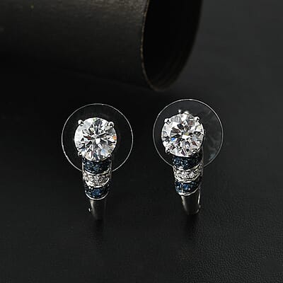 D'Joy Heart and Arrow Cut Moissanite and Blue Sapphire 2.90 ctw Moonlit Grace Earrings in Rhodium Over Sterling Silver