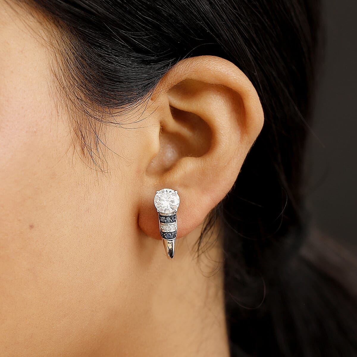 D'Joy Heart and Arrow Cut Moissanite and Blue Sapphire 2.90 ctw Moonlit Grace Earrings in Rhodium Over Sterling Silver image number 2