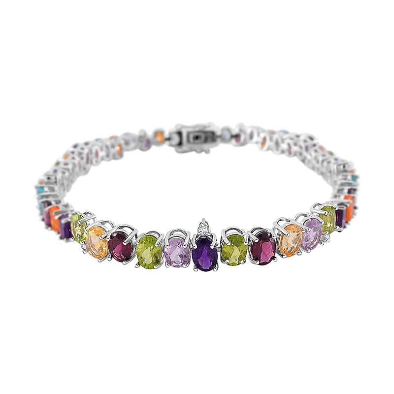 Multi Gemstone 14.90 ctw Rainbow Cascade Bracelet in Rhodium Over Sterling Sil (6.50 In) 