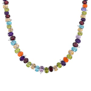 Multi Gemstone 43.50 ctw Rainbow Cascade Necklace in Rhodium Over Sterling Silver 18 Inches