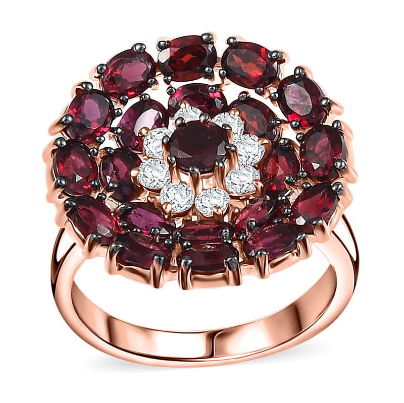 D'Joy Premium Anthill Garnet and White Zircon 5.10 ctw Peony Flower Ring in 18K Vermeil Rose Gold Over Sterling Silver (Size 10.0) 