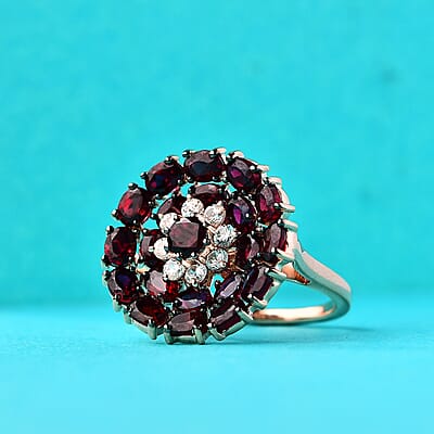 D'Joy Premium Anthill Garnet and White Zircon 5.10 ctw Peony Flower Ring in 18K Vermeil Rose Gold Over Sterling Silver (Size 10.0) 