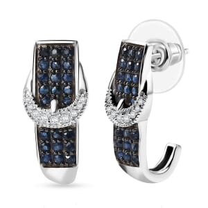 Ceylon Sapphire and White Zircon 1.50 ctw J Hoop Buckle Earrings in Rhodium Over Sterling Silver