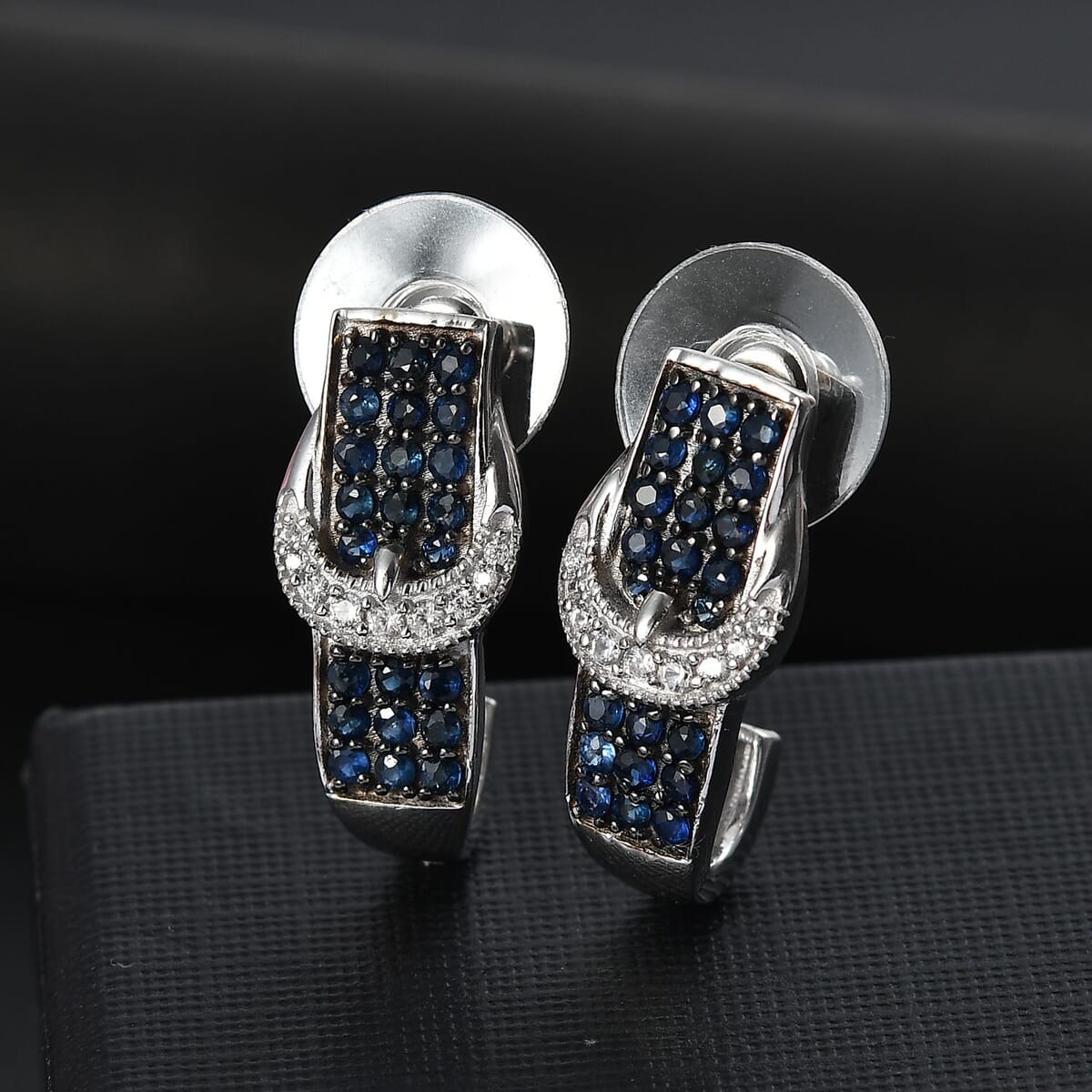 Ceylon Sapphire and White Zircon 1.50 ctw J Hoop Buckle Earrings in Rhodium Over Sterling Silver image number 1