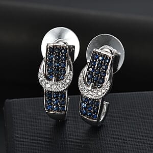 D'Joy Ceylon Sapphire and White Zircon 1.50 ctw J Hoop Buckle Earrings in Rhodium Over Sterling Silver