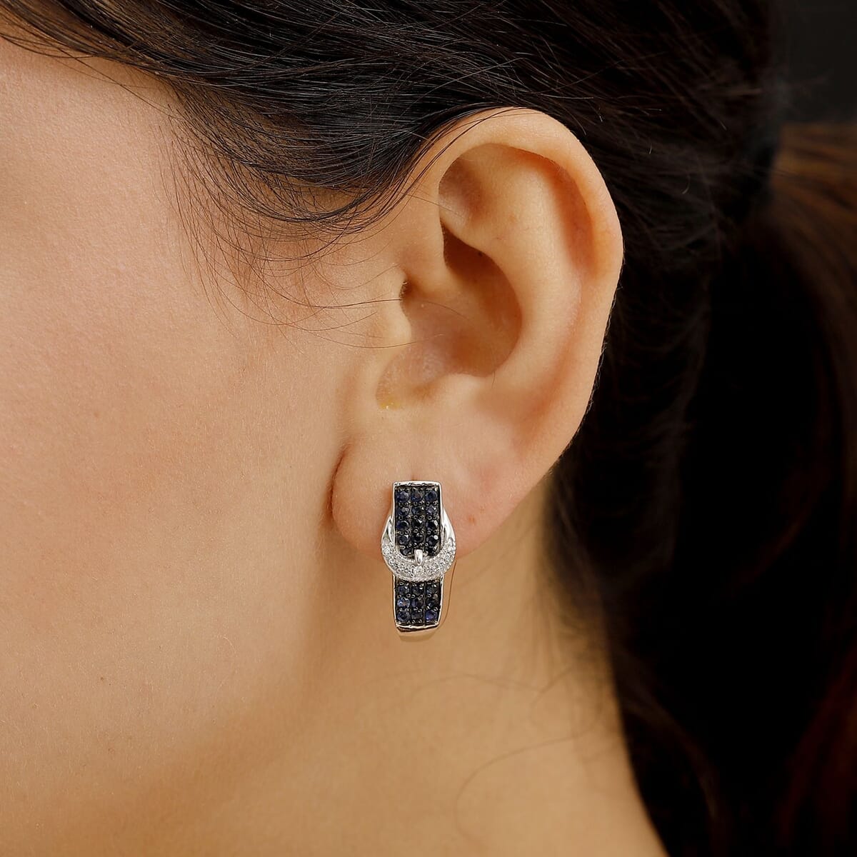 Ceylon Sapphire and White Zircon 1.50 ctw J Hoop Buckle Earrings in Rhodium Over Sterling Silver image number 2